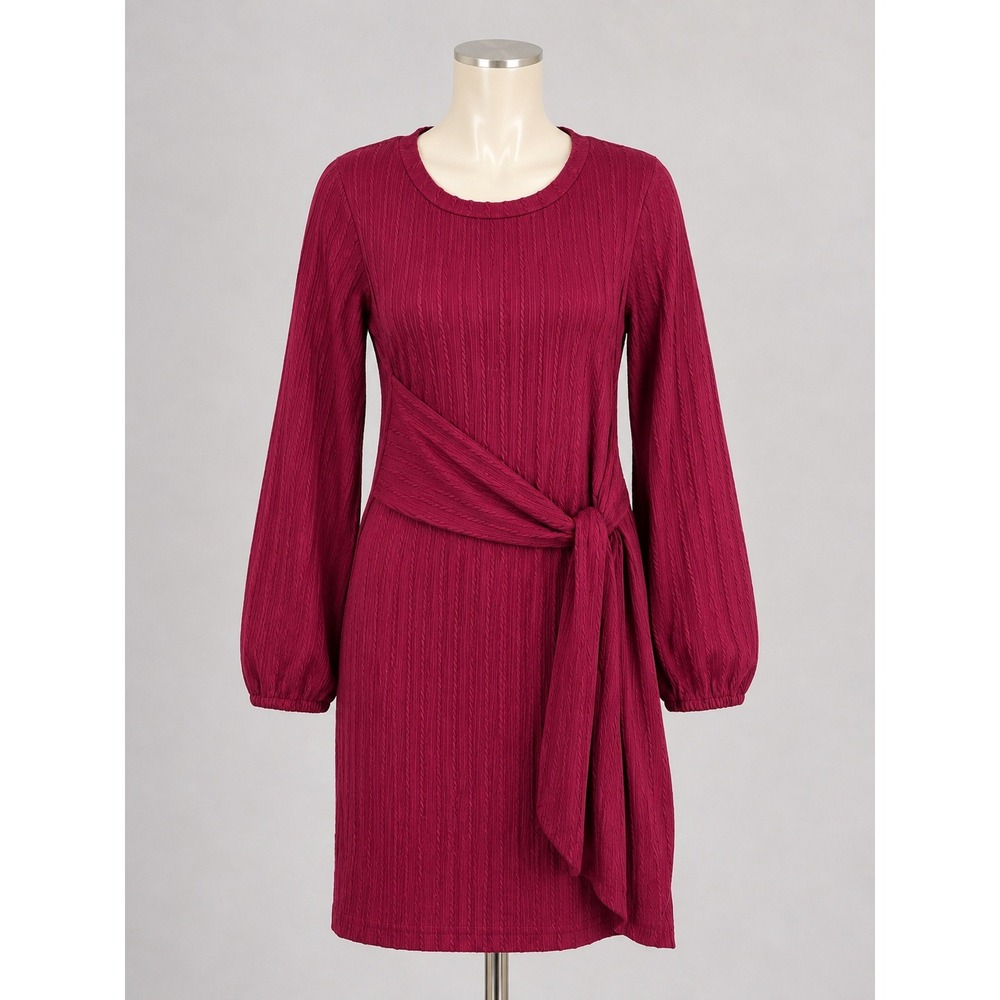 Burgundy Cable Knit Tie Waist Long Sleeve Mini Dress Wine Red Medium